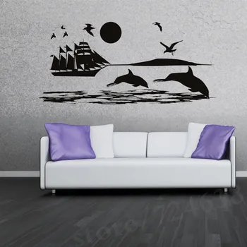 Scenérie nástenná maľba Čajok Delfíny A Lode na Mori Na Stenu, Nálepky, Obývacia Izba Gauč Pozadí Vinyl Vymeniteľné DIY Dekor