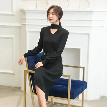 Pletené Šaty Žien Bežné Dlhý Rukáv Vintage Elegantné Office Sveter Šaty Žena 2021 Zimné jednodielne Šaty kórejský vrchné oblečenie
