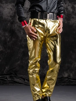 Nový štýl módy mužský spevák tanec nohavice zlaté kožené ds dj jazz nohavice pánske nočný klub bar zobraziť oblečenie