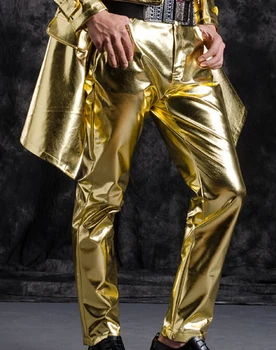 Nový štýl módy mužský spevák tanec nohavice zlaté kožené ds dj jazz nohavice pánske nočný klub bar zobraziť oblečenie
