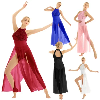 Ženy Rytmická Gymnastika Trikot Balet Tutu Dance Sukne Dospelých Flitrami Lesk Oka Lyrickej Sála Balerína Dlho Maxi Šaty