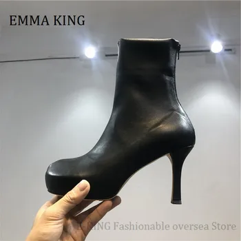 Western Originálne Kožené Členkové Topánky Kolo Prst Chelsea Boot Vysokým Podpätkom Pohodlie Členková obuv 2020 Značky Jeseň Zima botas de mujer