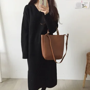 Sveter Šaty Elegantné Ženy kórejský Štýl Nové Módne Teplé Pletené Šaty Vintage Khaki Čierna Vestidos Bežné tvaru Vestido