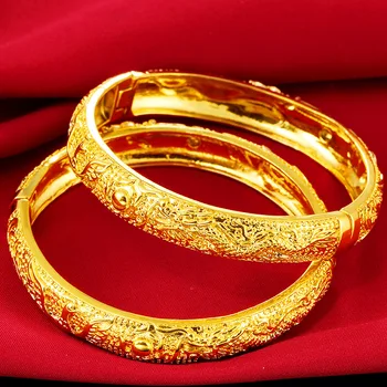 Trendy Ženy Šperky Dubaj Zlata Plné Dragon & Phoenix Vzor Pevný Náramok & Náramok s Priemerom 60 mm