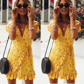 Letné Vintage Kvetinový Žltá Zábaly Mini Šaty Ženy Dámy Hlboko V Krku Krátky Rukáv Ruffles Beach Party Šaty Sundress