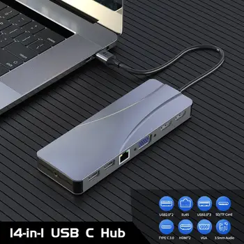 USB C HUB 14 v 1 Multi USB 3.0 Typ-C Rozbočovač USB-C 3.1 Splitter S RJ45 4K HD Dock Adaptér TF SD Slot Čítačky Pre MacBook Pro