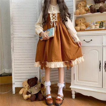 Japonský Jeseň Nové Kawaii Lolita Spojov Cosplay Loli Šaty Mäkké, Sladké Dievča Luk Celý Rukáv Roztomilý Volánikmi Brown Stripe Šaty