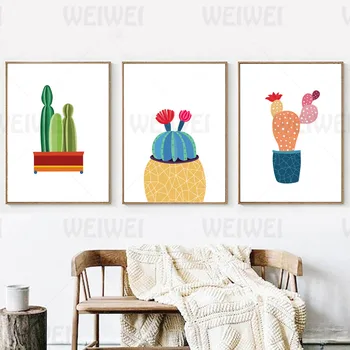 Cartoon Rastlín Črepníkové Domáce Dekorácie Maľovanie Kaktus Steny V Obývacej Izbe Plátno Umenie Plagátu Jednoduchý Štýl Tlače Jedáleň, Spálňa