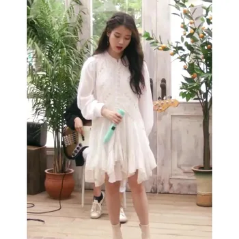 Kpop IE Lee Ji Eun Lete sladké biele voľné dlhé rukávy košele, topy a nepravidelné sexy čipka spájať vesta šaty ženy 2 dielna sada