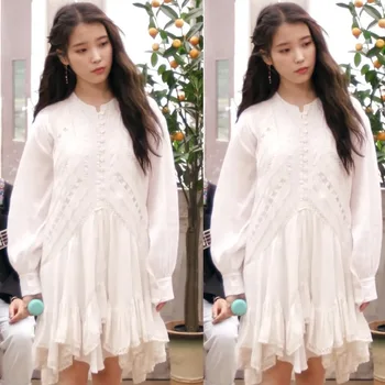 Kpop IE Lee Ji Eun Lete sladké biele voľné dlhé rukávy košele, topy a nepravidelné sexy čipka spájať vesta šaty ženy 2 dielna sada