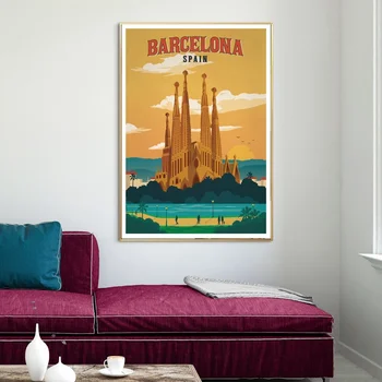 BARCELONA Španielsko Ročník City Cestovné Plagát Plátno Tlačiť Domova Wall Art Decor Č Rám