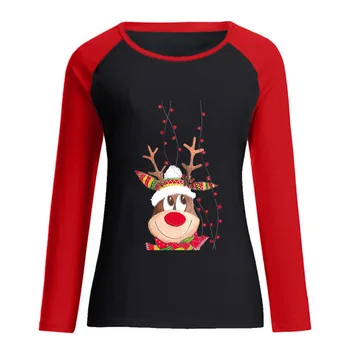 Dlhý rukáv T-shirt dámske voľné kolo krku Vianočné jeleň tlač raglan čerstvé a sladké dlhý rukáv T-shirt Nové produkty 2020