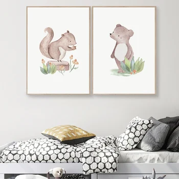 Líška, Medveď, Veverička Cartoon Lesné Zvieratá Wall Art Plátno Na Maľovanie Nordic Plagáty A Potlačou Obrazov Na Stenu Pre Deti Izba Dekor