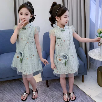 Čínsky Štýl Cheongsam Kvet Dievčatá Šaty Letné Dieťa Dievča Hanfu Sukne Zelená Žltá Princezná šaty, ceremonie fille para niña