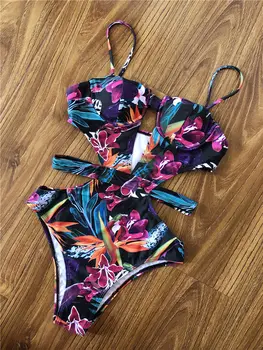 2020 Sexy Vystrihnúť Plavky Push Up Ženy Plavky Jednodielne Plavky Plávať Plaviek Kombinézu Black Kvetinový Monokiny Trikini