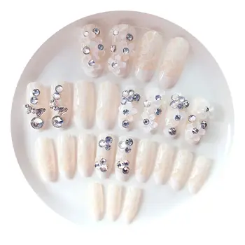 MANZILIN 24pcs Nevesty Biele False Nechty Rezbárstvo Kvety & Pearl Nail Art, Manikúra Dlhé Dizajn Ženy Móda Nechty Salon Nástroje