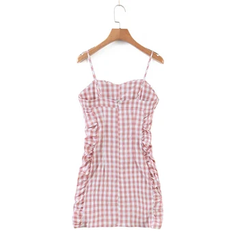 Vintage kockované šaty žien letné šaty ružové špagety popruh šaty bodycon mini šaty bez ramienok ruched krátke šaty backless