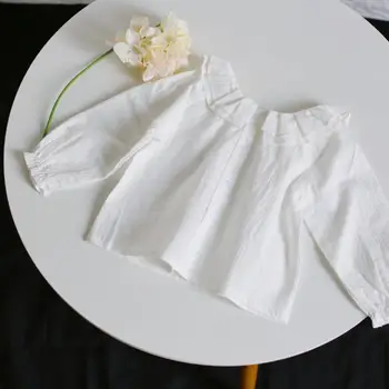 Kórejský štýl skladaný retro dievčenské klesnutie tričko, pohodlné bavlnené dlhé rukávy top, biely a kvetinový vzor 2 štýly