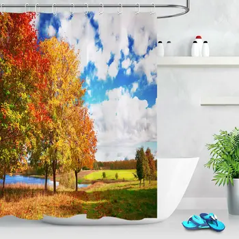 Jeseň Stromy, Rieky Prírodné Scenérie Sprchový Záves Kúpeľňa Textílie Vaňa Záclony