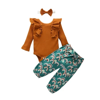 Jeseň Baby Girl Dlhý Rukáv Jumpsuit Romper Volánikmi tričko Topy Kvet Nohavice hlavový most 3ks Baby kombinézu Oblečenie Set