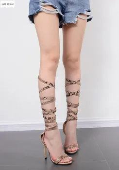 2020 sexy ženy, čipky sandále strany topánky otvorené prst sandále gladiator sandále snakeskin tlač vysoké podpätky šaty topánky