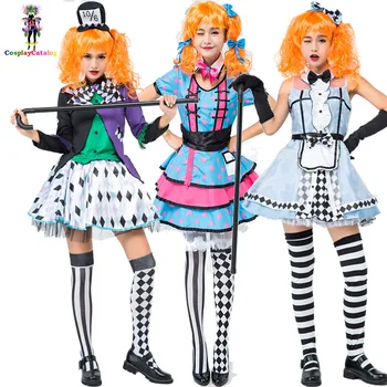 Sen Alice Klauni Kostýmy Pre Dospelých Žien Halloween Šaty Roztomilý Dievča Cirkus Cosplay Kostým Koberčeky Sexy Komický Uniformy