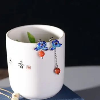 Nový Silver Smalt vykladané s porcelánom, Achát Náušnice Čínsky elegantné kúzlo menšiny dizajn ženy značky šperky