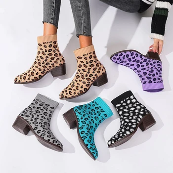 Jeseň Ženy Členok Chelsea Boots Leopard Tlač Poukázal Námestie Nízke Päty Plus Veľkosť Gumy Jediným Módny Trend Topánky Dámske Whosale