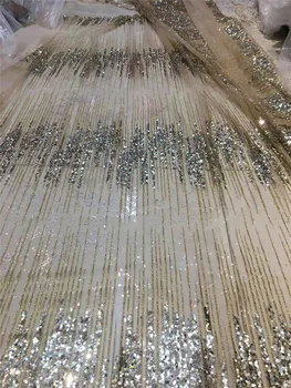 Nigérijský francúzsky Textílie 5 metrov BZL-102420 Lepené lesk flitrami Tylu Textílie, Čipky hore Predaj Afrických Čipky Tkanina v bielej farbe