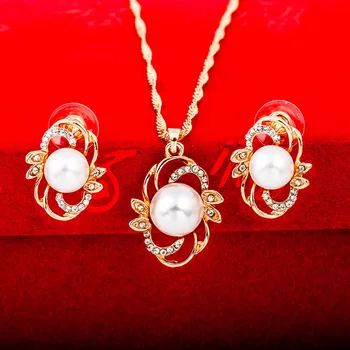 Skvelé Simulované Pearl Lesklé Crystal Kvetinový Náušnice & Náhrdelník Zlaté Šperky Sady pre Ženy