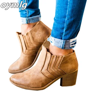 2020 Ženy, Členkové Topánky Bloku Vysoké Podpätky Botas Zapatos Mujer Retro Kožené Zimné Topánky Žena Plus Veľkosť Obuvi Kovbojské Topánky