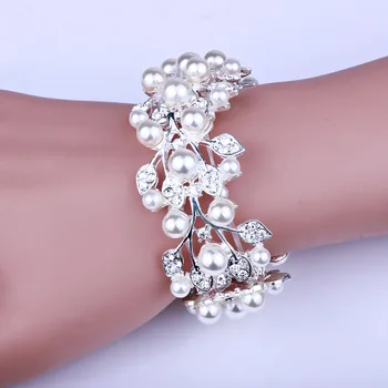 FARLENA Šperky Preháňať Svieti Crystal Imitácia Perly Náramok Strieborný Pozlátený Široký Elastický Prívesky Pre Ženy, Svadobné Party