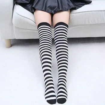 Čierne Biele Pruhované Dlhé Ponožky Ženy Teplá Bavlnená Nad Kolená Ponožky Štýlové, Sexy Stehná Vysoké Pančuchy, Jeseň, Zima
