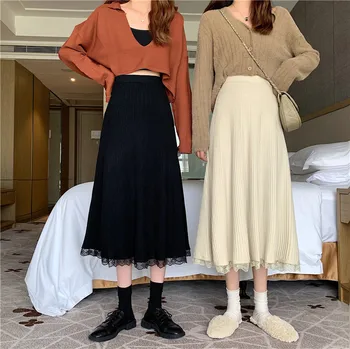 Pletené sukne ženy kórejská verzia jar 2021 high-v strede zúžený čipkou trim midi sukne bežné elegantné a-line sukne
