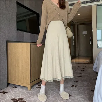 Pletené sukne ženy kórejská verzia jar 2021 high-v strede zúžený čipkou trim midi sukne bežné elegantné a-line sukne