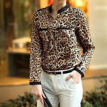Ženy, Leopard Tlač Dlhý Rukáv Šifón Tričko Slim Bežné Blúzky Dámske Topy A Blúzky Blusas 2021 Nové Рубашка Женщины #S