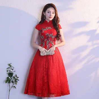 Červená Moderné Čínske Šaty Qipao Sexy Cheongsam Béžová Šaty Bežné Ženy Čipky Tradičné Večerné Šaty Vestido Orientálna Svadbu