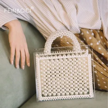 Pearl taška jasné, transparentné akrylátové korálkové box kapsičky taška ženy strany vintage tkané kabelka 2019 lete luxusné značky biela ružová