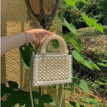 Pearl taška jasné, transparentné akrylátové korálkové box kapsičky taška ženy strany vintage tkané kabelka 2019 lete luxusné značky biela ružová