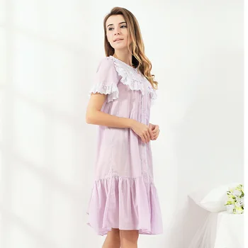 Pyžamá ženy lete fialová bavlnené tenké retro roztomilý princezná krajky-krátke rukávy nightdress veľké veľkosti domáceho poskytovateĺa 17064DX