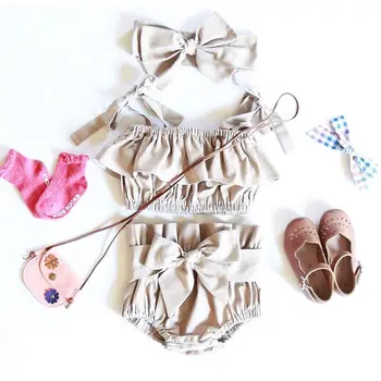 3ks Baby Girl Letné Oblečenie plavky s uväzovaním za Plodín Top bez Rukávov + Rozstrapatené Šortky, Nohavice + hlavový most Oblečenie Set