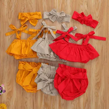 3ks Baby Girl Letné Oblečenie plavky s uväzovaním za Plodín Top bez Rukávov + Rozstrapatené Šortky, Nohavice + hlavový most Oblečenie Set