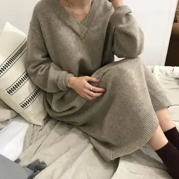 Kórejský Elegantné Voľné Zahustiť Sveter Ženy Maxi Šaty V Krku Long-Sleeve Nadrozmerná Pletené Šaty Žena Zimné Jednodielne Šaty