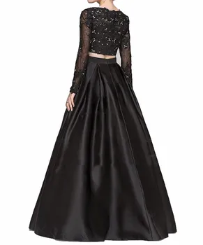 JaneVini Elegantné Prom Šaty Čierne Čiary Dlhé Rukávy Appliques Korálkové Satén Plus Veľkosť Dve Kus Šaty Vestidos Cerimonia Longos