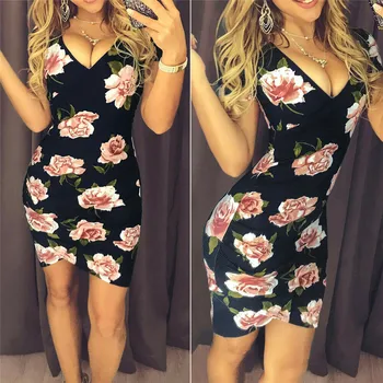 Ženy dovolenku horúce módne sundress Letné krátke sexy bodycon kvetinový vytlačené mini šaty Hlboké V slim Clubwear boho vestidos