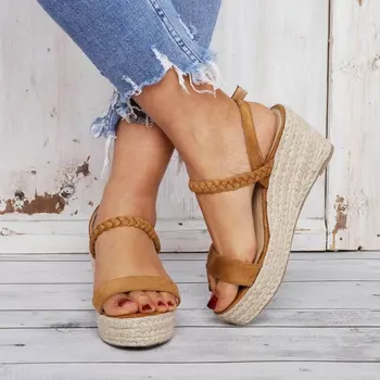 ženy letné sandále dámske ročníka PU kožené klinu topánky žena robustný polovice podpätky típat prst zapatos de mujer sandalias