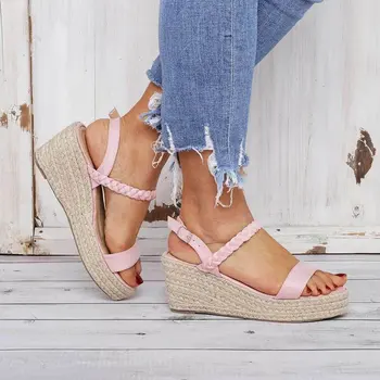 ženy letné sandále dámske ročníka PU kožené klinu topánky žena robustný polovice podpätky típat prst zapatos de mujer sandalias