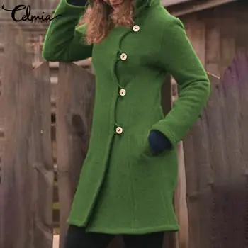 Celmia Plus Veľkosť Teplé Bundy Ženy s Kapucňou Načechraný Plyšové Coats 2021 Zimné Móda Tlačidlá Vrecká Bežné Hoodies Kabát 5XL