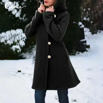 Celmia Plus Veľkosť Teplé Bundy Ženy s Kapucňou Načechraný Plyšové Coats 2021 Zimné Móda Tlačidlá Vrecká Bežné Hoodies Kabát 5XL