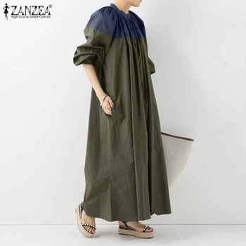 ZANZEA 2021 Módne Patchwork Šaty dámske Jarné Sundress Bežné Lístkového Rukáv Maxi Vestidos Žena O Krk Duté Šaty Plus Veľkosť